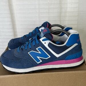 New Balance 574 Womens Size 8.5 Retro Suede Sneakers Blue Pink Shoes GUC!